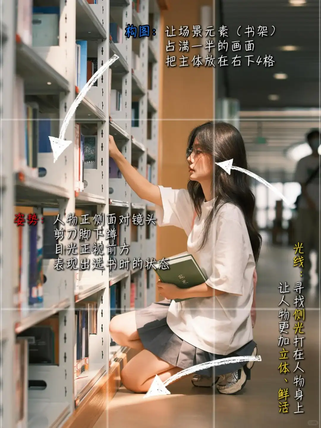 拿书 蹲姿（这个书架高度要是稍微高一点，让头稍微抬一点就好了；光影不错）